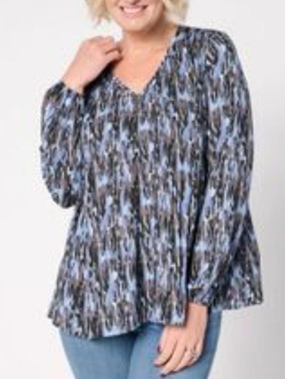 Belle Kim Gravel Micropleat V-neck Blouse Top Lightweight Black Blue Brown  XL